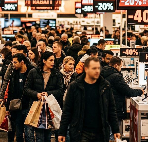 Black Friday im Elektronikmarkt: Kundinnen und Kunden zwischen Rabattschildern und Einkaufstaschen