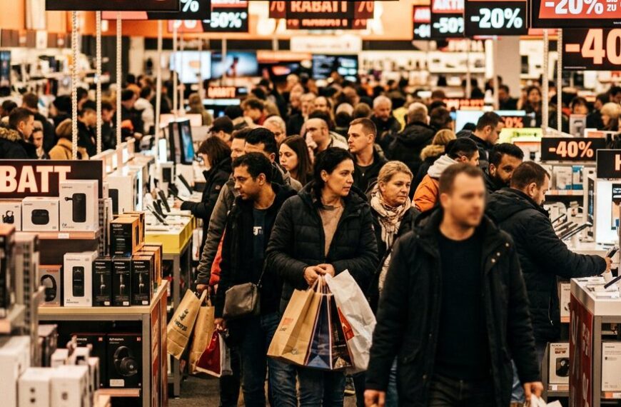 Black Friday im Elektronikmarkt: Kundinnen und Kunden zwischen Rabattschildern und Einkaufstaschen