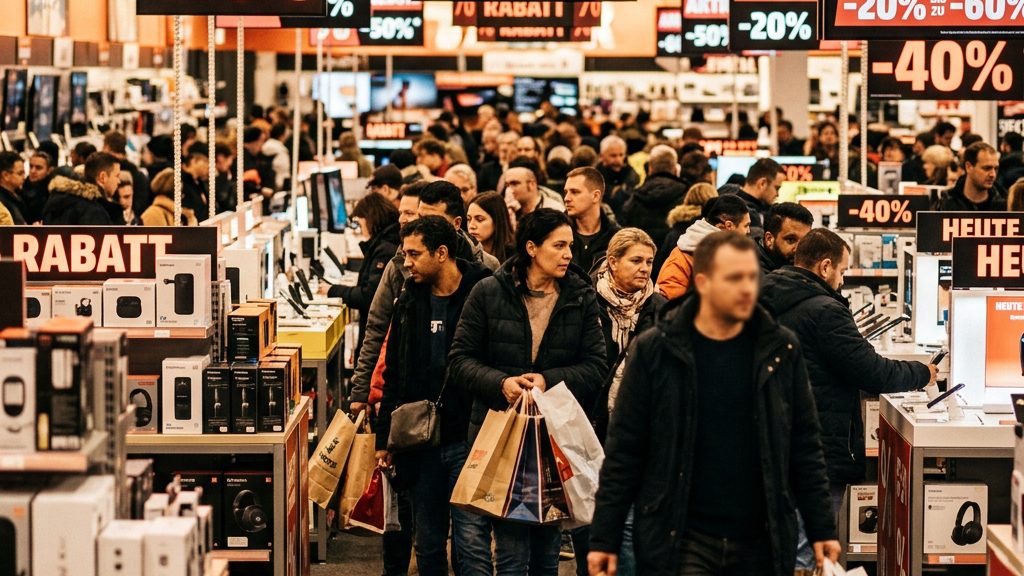 Black Friday im Elektronikmarkt: Kundinnen und Kunden zwischen Rabattschildern und Einkaufstaschen