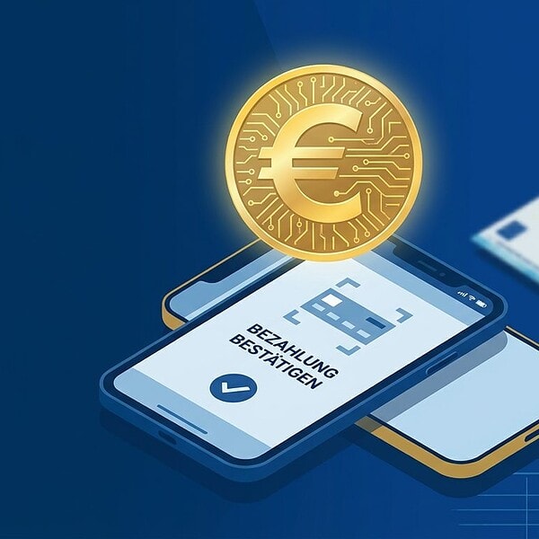 Digitaler Euro: Ein leuchtendes Euro-Symbol als digitale Münze über einem Smartphone mit bestätigter Zahlung, daneben physische Euro-Banknoten