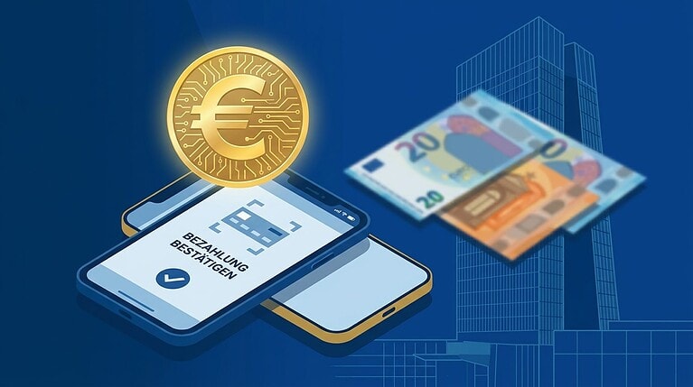 Digitaler Euro: Ein leuchtendes Euro-Symbol als digitale Münze über einem Smartphone mit bestätigter Zahlung, daneben physische Euro-Banknoten