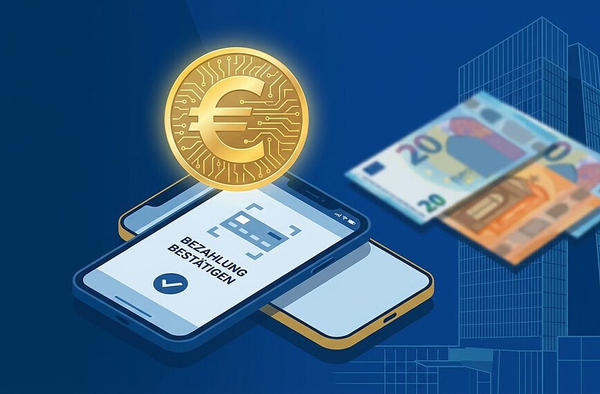 Digitaler Euro: Ein leuchtendes Euro-Symbol als digitale Münze über einem Smartphone mit bestätigter Zahlung, daneben physische Euro-Banknoten