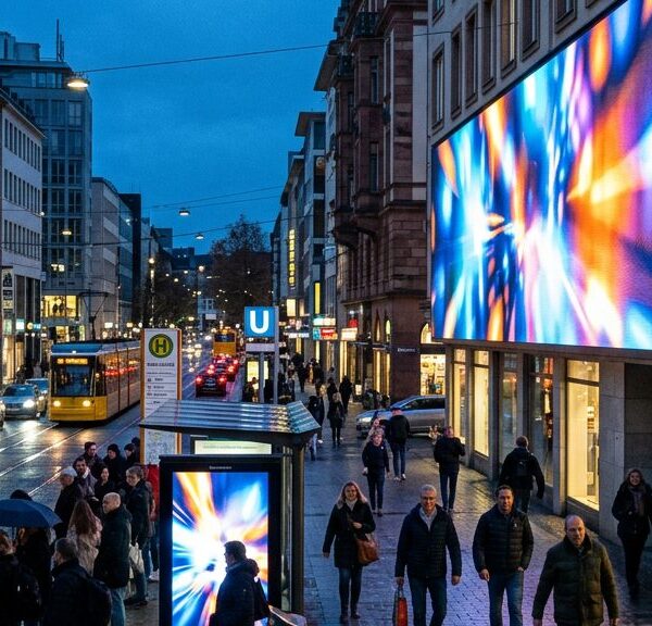 Digitale Werbescreens an Gebäudefassade und Haltestelle einer deutschen Innenstadt am Abend (KI-generiertes Symbolbild)
