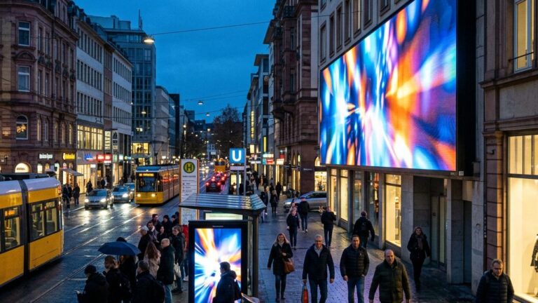 Digitale Werbescreens an Gebäudefassade und Haltestelle einer deutschen Innenstadt am Abend (KI-generiertes Symbolbild)