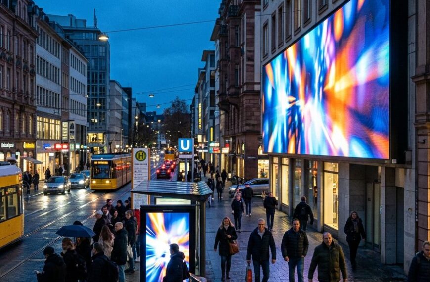 Digitale Werbescreens an Gebäudefassade und Haltestelle einer deutschen Innenstadt am Abend (KI-generiertes Symbolbild)