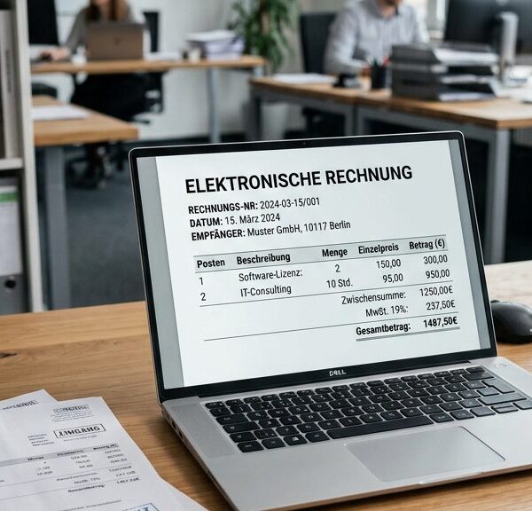 Laptop auf einem Schreibtisch mit strukturierter elektronischer Rechnung auf dem Bildschirm, daneben Papierrechnungen — Symbolbild zur E-Rechnungspflicht ab 2027