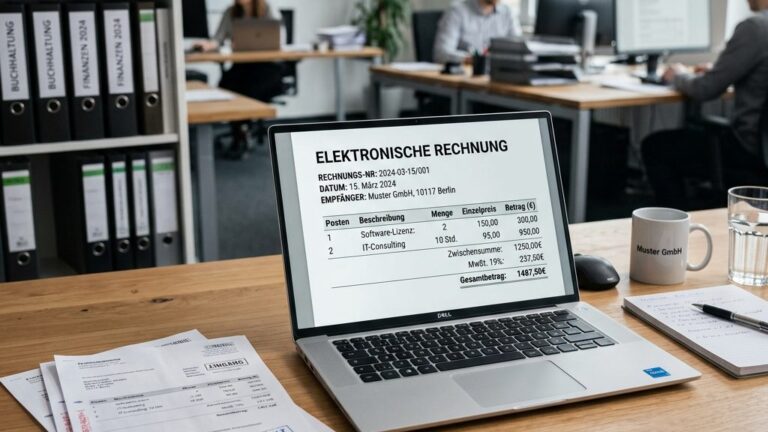 Laptop auf einem Schreibtisch mit strukturierter elektronischer Rechnung auf dem Bildschirm, daneben Papierrechnungen — Symbolbild zur E-Rechnungspflicht ab 2027