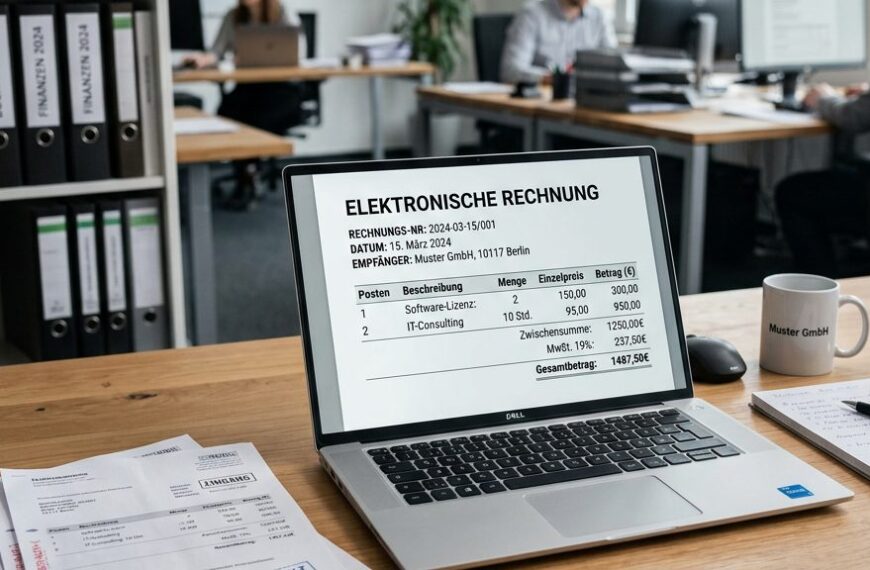 Laptop auf einem Schreibtisch mit strukturierter elektronischer Rechnung auf dem Bildschirm, daneben Papierrechnungen — Symbolbild zur E-Rechnungspflicht ab 2027