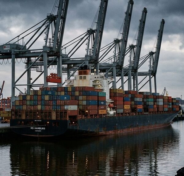 Containerschiff im Hamburger Hafen bei Tagesanbruch – die deutschen Exporte gingen im August 2026 zurück