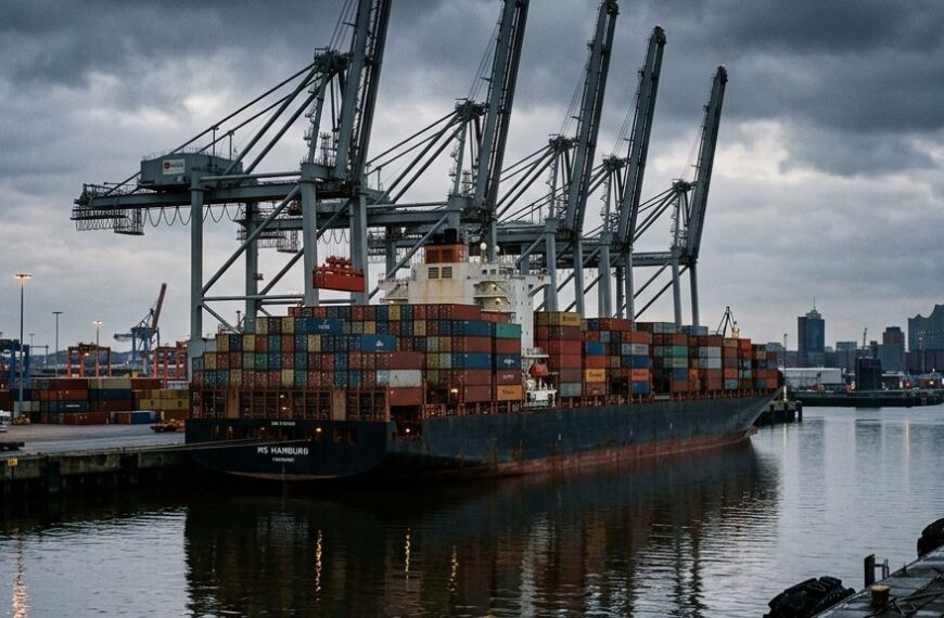 Containerschiff im Hamburger Hafen bei Tagesanbruch – die deutschen Exporte gingen im August 2026 zurück
