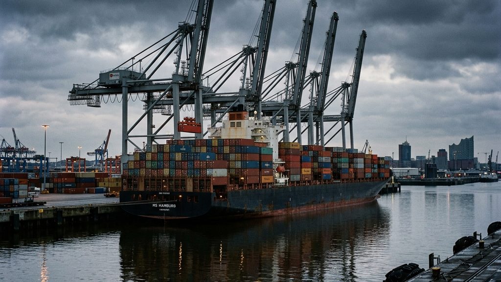 Containerschiff im Hamburger Hafen bei Tagesanbruch – die deutschen Exporte gingen im August 2026 zurück