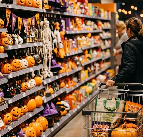 Supermarktregal mit Halloween-Dekoration, Kuerbissen und Suesswaren vor einem Einkaufswagen