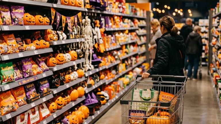 Supermarktregal mit Halloween-Dekoration, Kuerbissen und Suesswaren vor einem Einkaufswagen