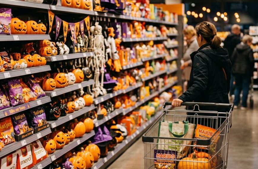 Supermarktregal mit Halloween-Dekoration, Kuerbissen und Suesswaren vor einem Einkaufswagen