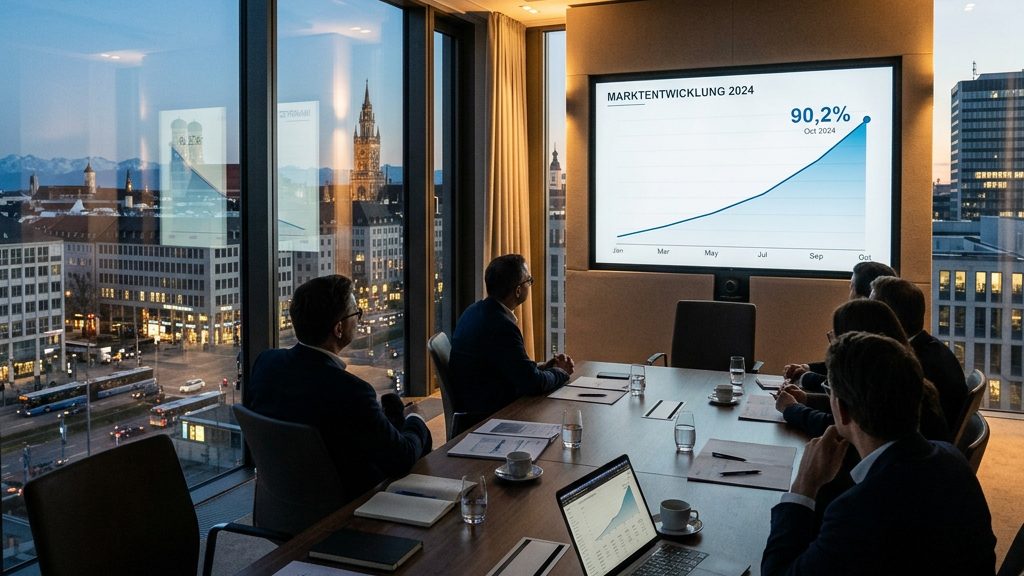 Bildschirm mit steigender Konjunkturkurve und dem Wert 90,2 in einem Konferenzraum – ifo Geschäftsklima Oktober 2026