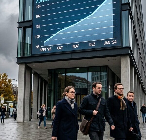 Digitale Anzeigetafel mit aufsteigender Konjunkturkurve vor einem Bürogebäude – Sinnbild für das gestiegene ifo Geschäftsklima im September 2026