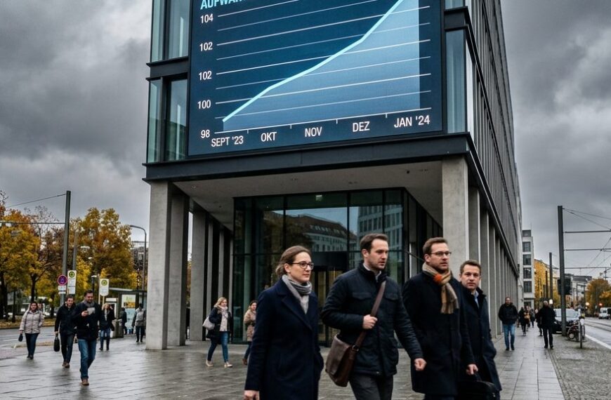 Digitale Anzeigetafel mit aufsteigender Konjunkturkurve vor einem Bürogebäude – Sinnbild für das gestiegene ifo Geschäftsklima im September 2026