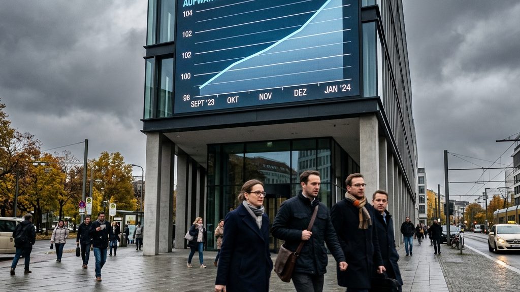 Digitale Anzeigetafel mit aufsteigender Konjunkturkurve vor einem Bürogebäude – Sinnbild für das gestiegene ifo Geschäftsklima im September 2026