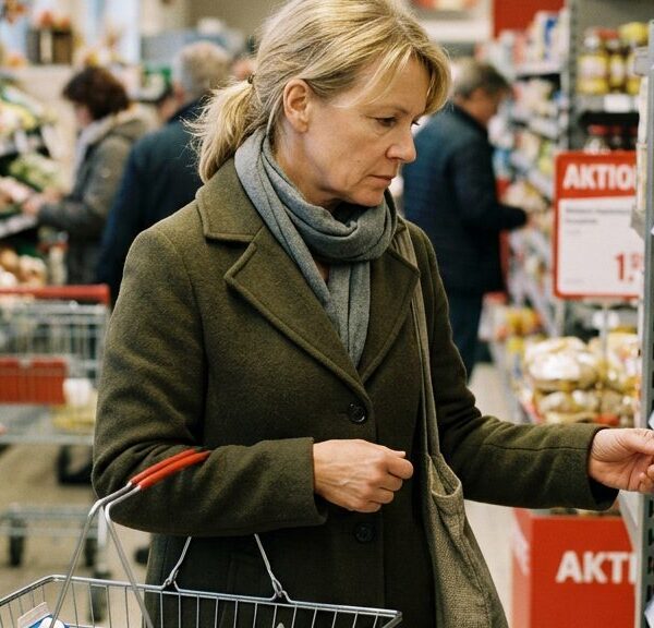 Verbraucher prüft im Supermarkt skeptisch ein Preisschild