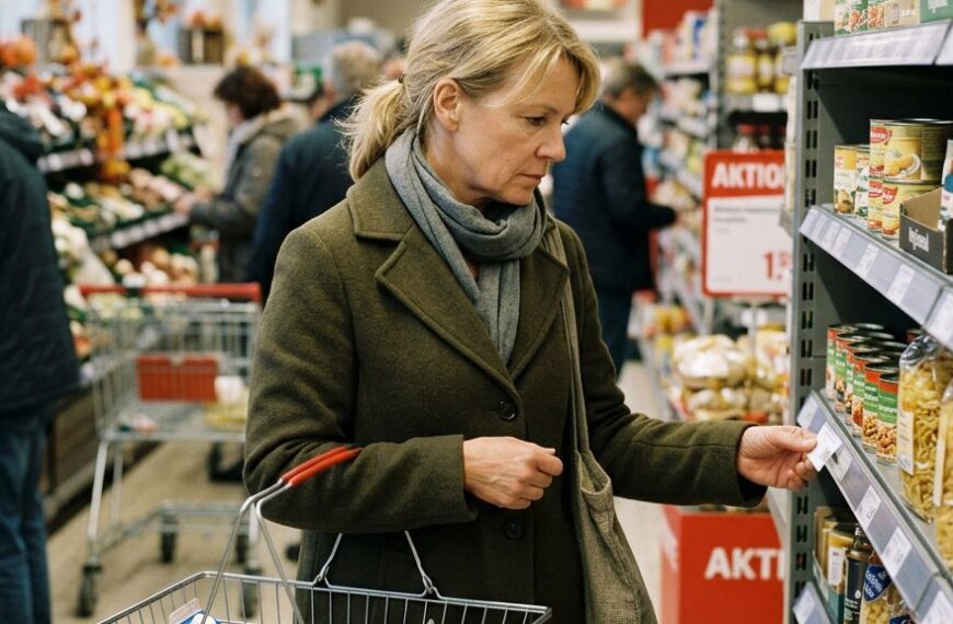 Verbraucher prüft im Supermarkt skeptisch ein Preisschild