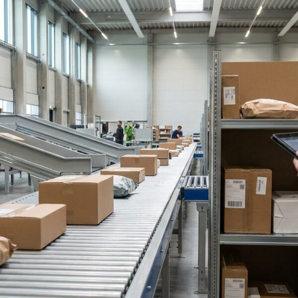 Pakete auf einem Foerderband in einem deutschen Logistikzentrum des Online-Handels