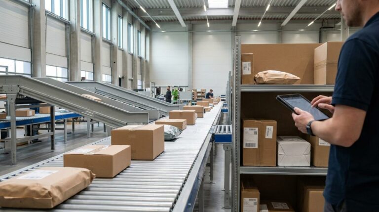 Pakete auf einem Foerderband in einem deutschen Logistikzentrum des Online-Handels