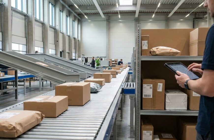 Pakete auf einem Foerderband in einem deutschen Logistikzentrum des Online-Handels