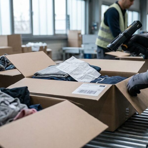 Retourenstation im Lager eines Online-Händlers: Mitarbeiter scannt ein zurückgesandtes Paket mit Kleidung