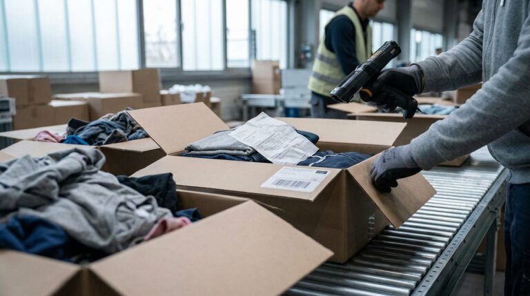 Retourenstation im Lager eines Online-Händlers: Mitarbeiter scannt ein zurückgesandtes Paket mit Kleidung