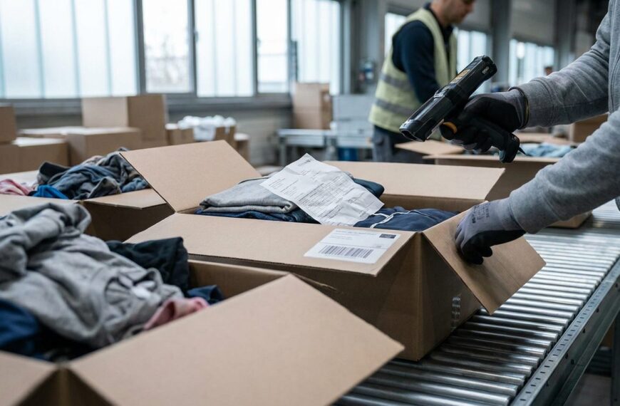 Retourenstation im Lager eines Online-Händlers: Mitarbeiter scannt ein zurückgesandtes Paket mit Kleidung