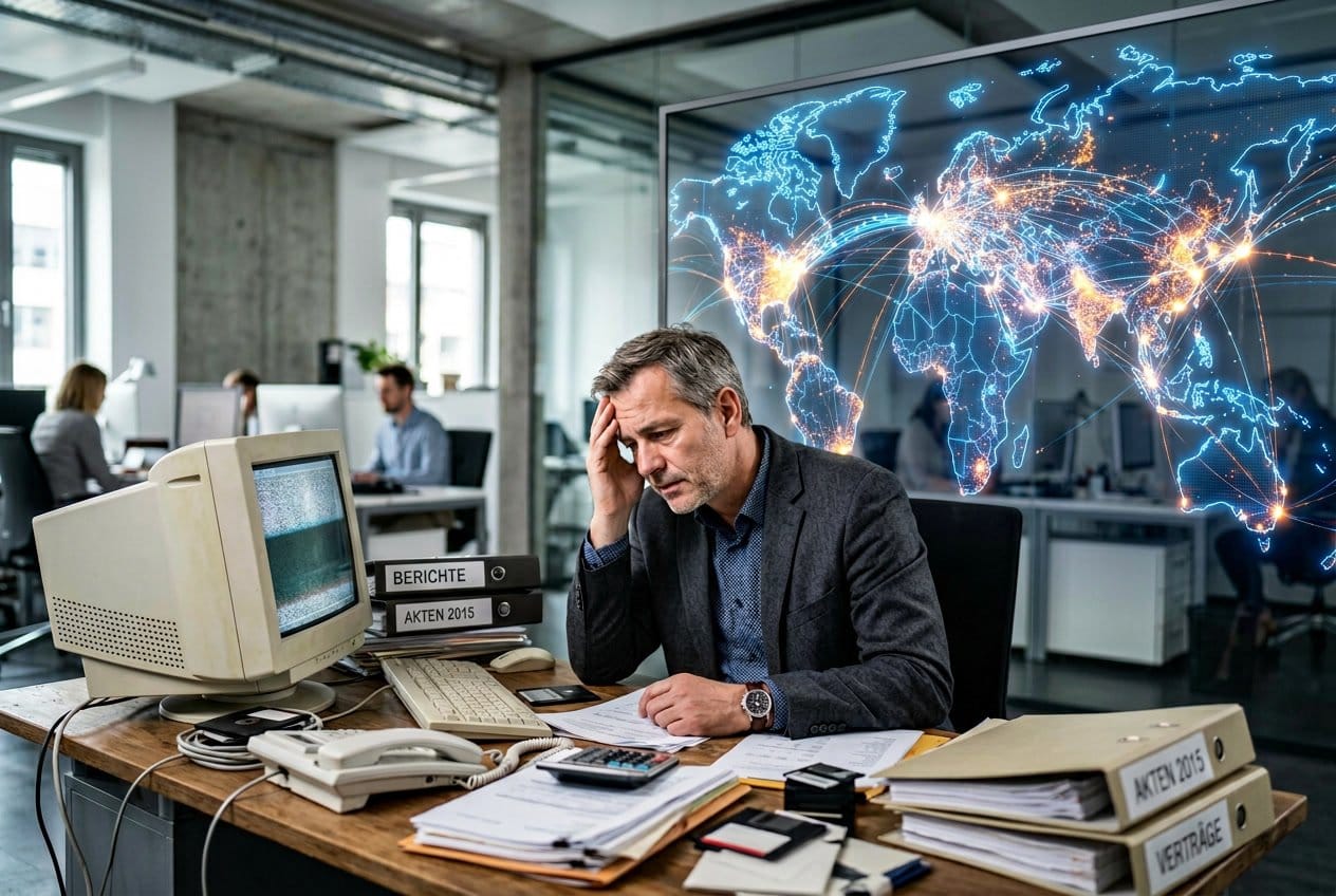 Ein besorgter Mann sitzt an einem Schreibtisch mit veralteter Technik, im Hintergrund ist eine digitale Weltkarte mit leuchtenden Verbindungen zu sehen.