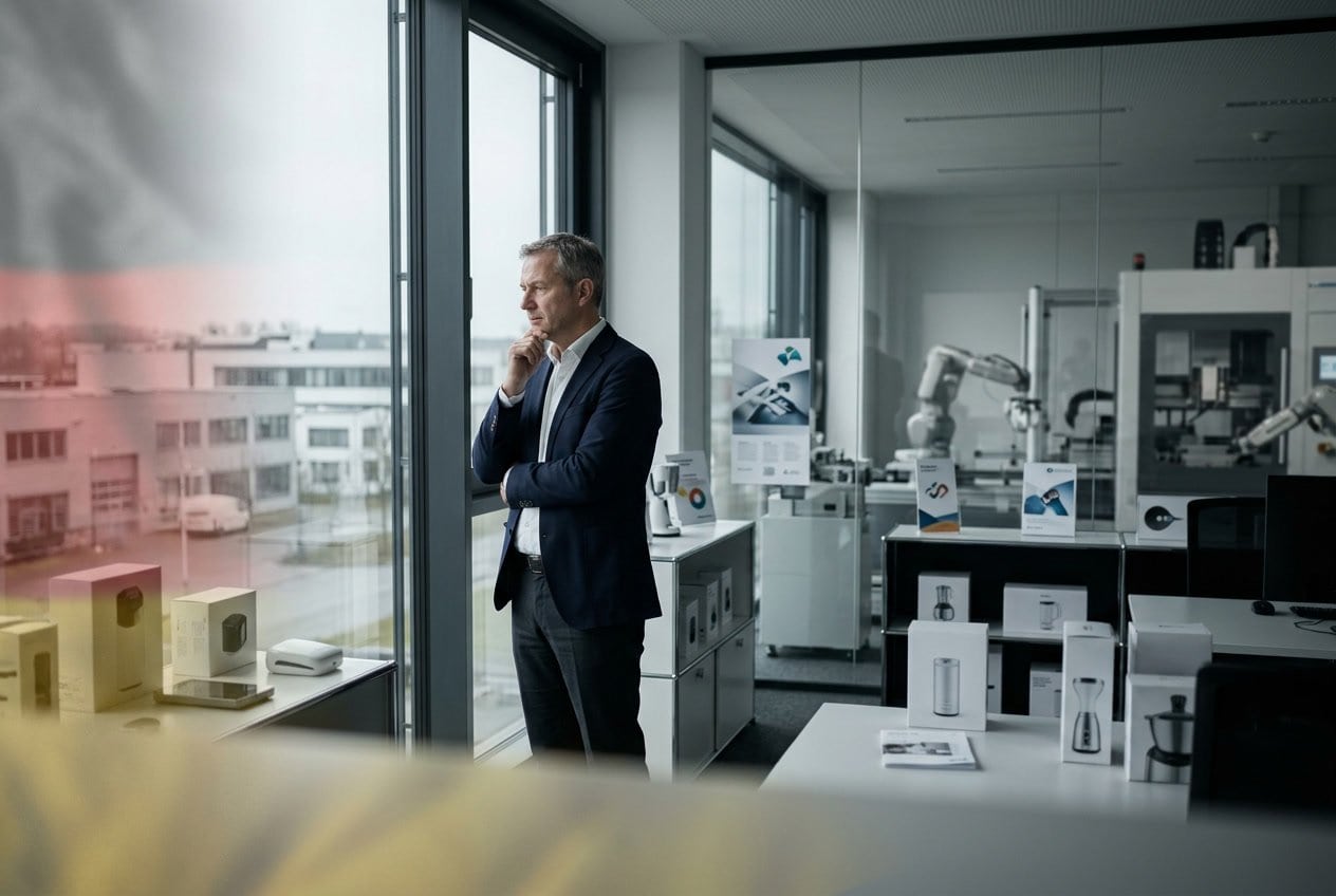 Ein nachdenklicher Geschäftsmann in einem modernen Büro mit verschwommenem deutschen Flaggenmotiv und sterilen Produkten im Hintergrund.