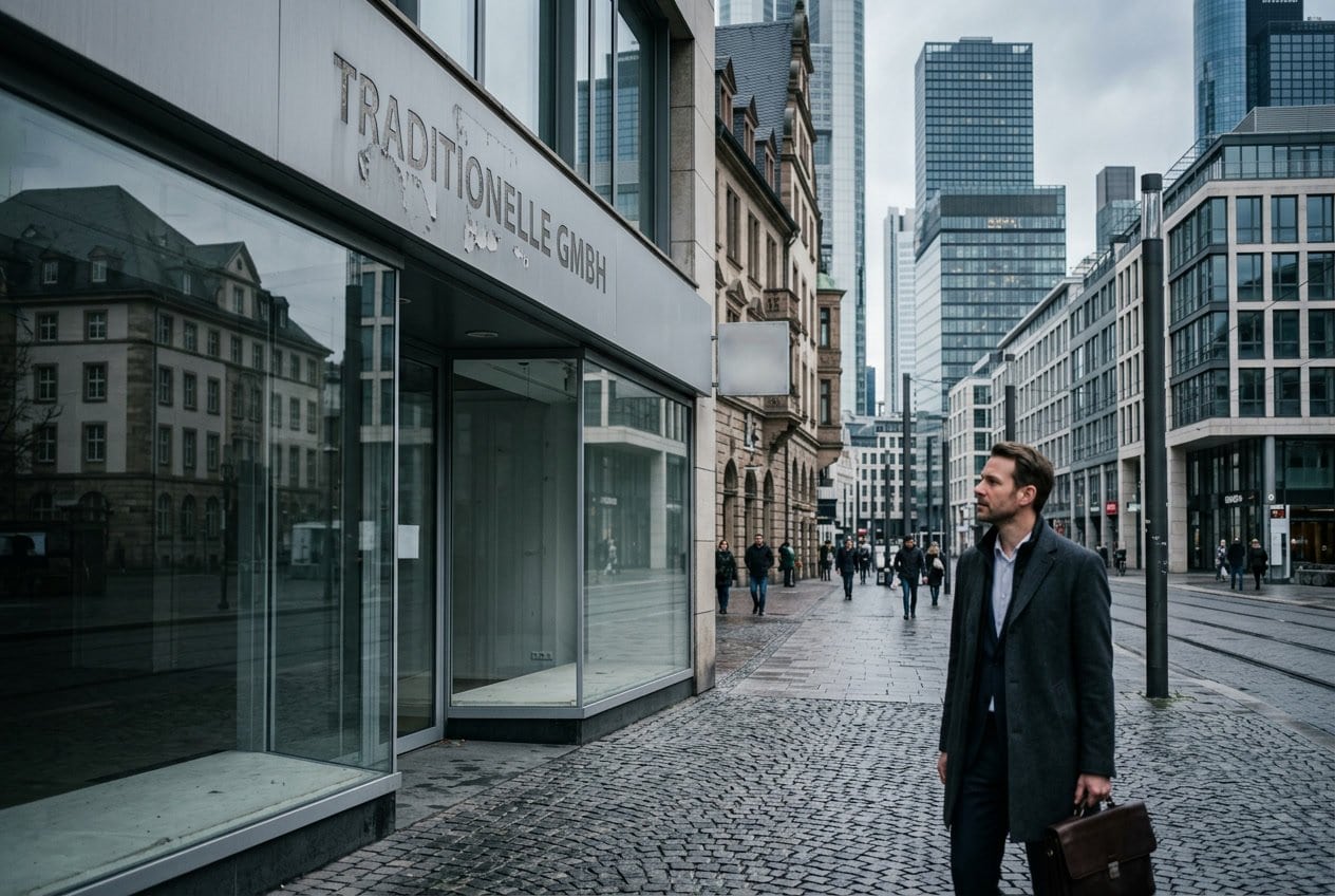 Ein moderner deutscher Stadtblick mit einem Geschäftsschaufenster und einer nachdenklichen Person davor.