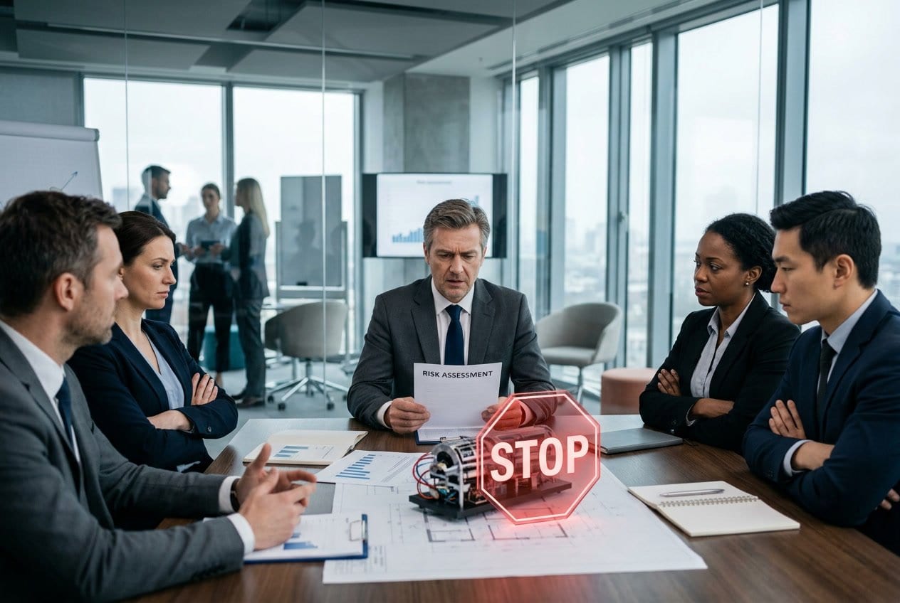 Eine Gruppe von Geschäftsleuten in einem modernen Büro diskutiert angespannt, während ein Mann besorgt auf ein Dokument schaut und ein Modell einer Erfindung auf dem Tisch teilweise durch ein rotes Stoppsymbol verdeckt ist.