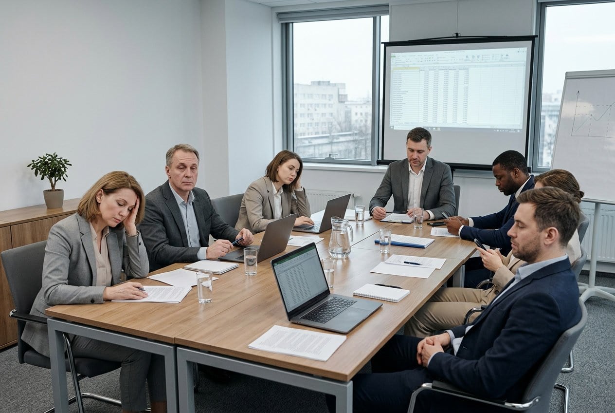 Eine Gruppe von Geschäftsleuten sitzt gelangweilt an einem Konferenztisch in einem schlichten Büro.