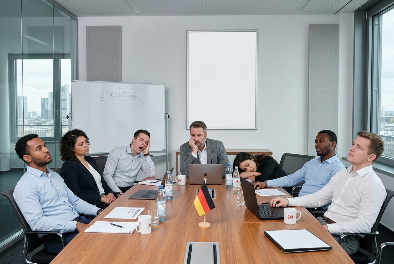 Eine Gruppe von Menschen sitzt gelangweilt in einem Besprechungsraum vor einem leeren Werbeplakat.