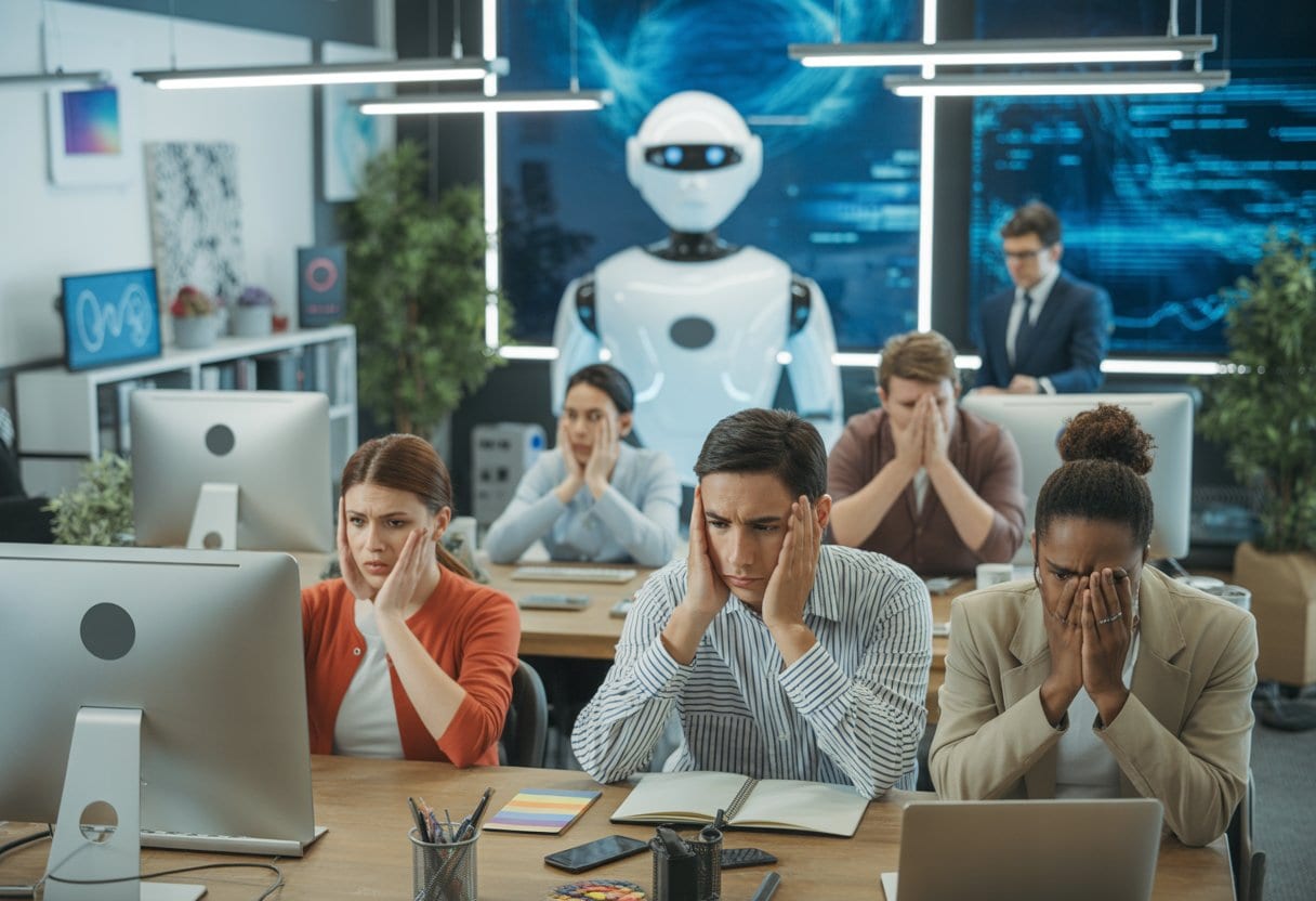 Mehrere kreative Berufstätige sitzen an ihren Schreibtischen und wirken besorgt, während ein moderner Roboter im Hintergrund zu sehen ist.