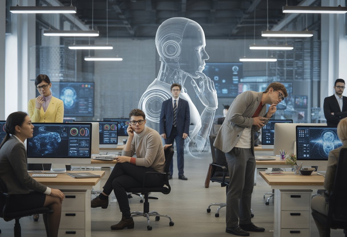 Menschen in einem modernen Büro wirken nachdenklich, während im Hintergrund eine holografische Darstellung von künstlicher Intelligenz sichtbar ist.