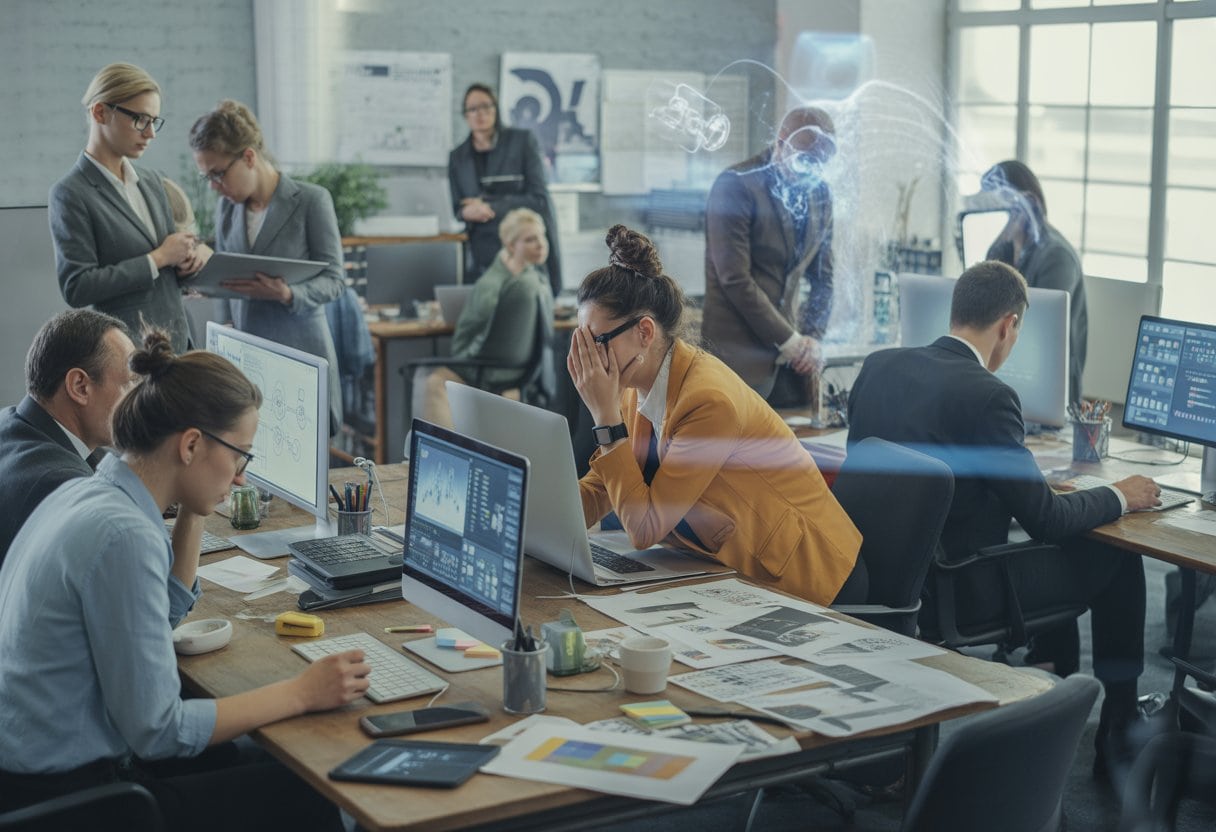 Mehrere kreative Fachleute arbeiten konzentriert und angespannt in einem modernen Büro mit Computern und digitalen Geräten.
