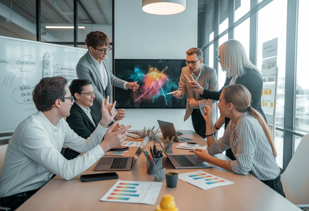 Ein Team von Marketingfachleuten diskutiert lebhaft in einem modernen Besprechungsraum mit Laptops und Diagrammen.