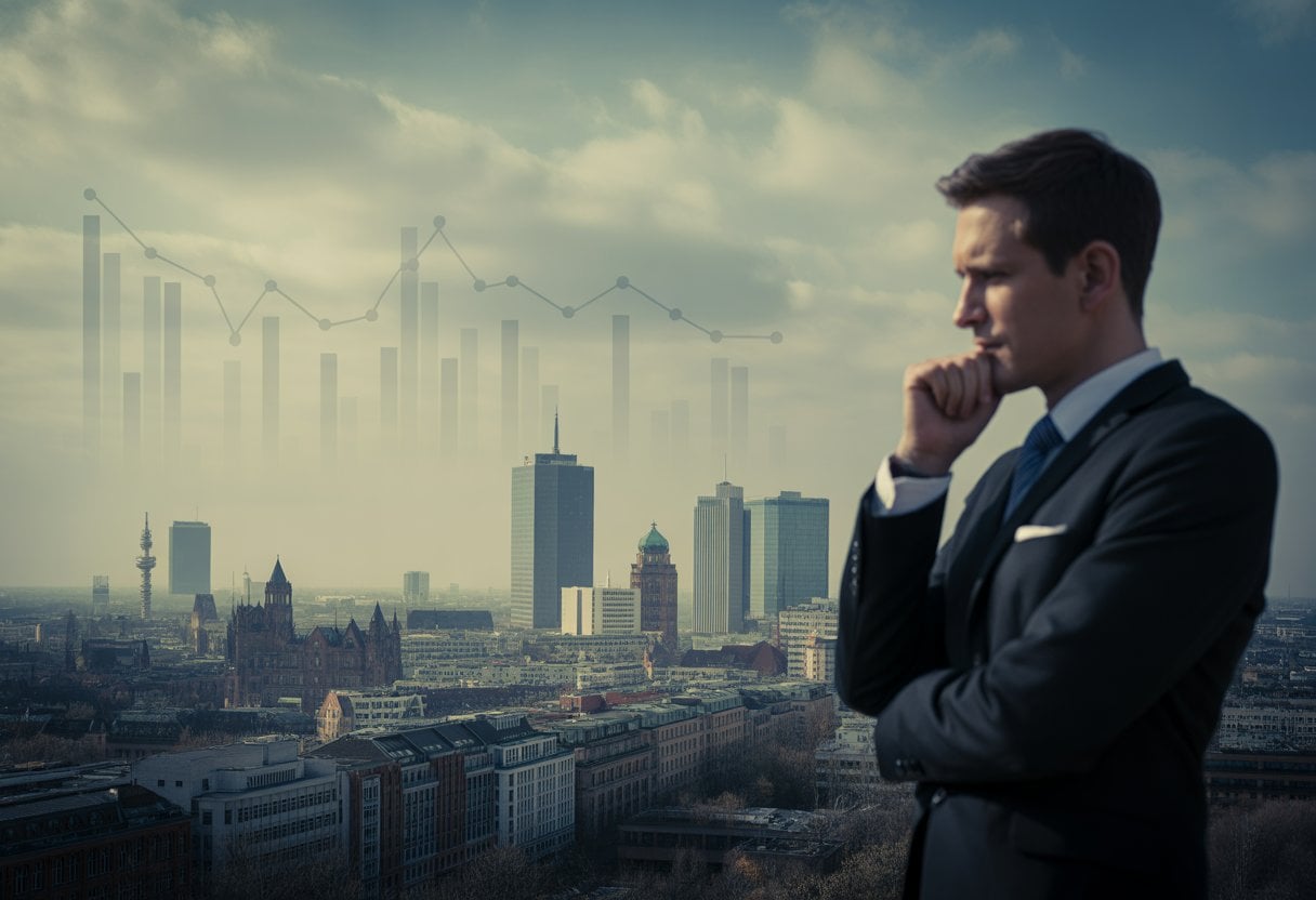 Eine Person in Geschäftskleidung blickt nachdenklich auf eine deutsche Stadtsilhouette mit alten und modernen Gebäuden unter einem bewölkten Himmel.