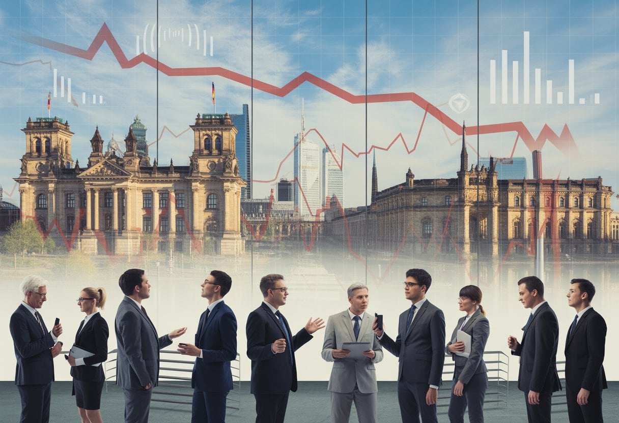 Eine Gruppe von Geschäftsleuten diskutiert vor einer digitalen Anzeige mit Wirtschaftsdaten vor einer deutschen Stadtkulisse.