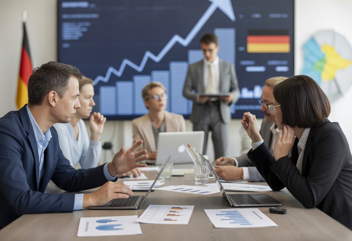Mehrere Personen diskutieren konzentriert an einem Konferenztisch mit Finanzunterlagen und Diagrammen in einem modernen Büro.