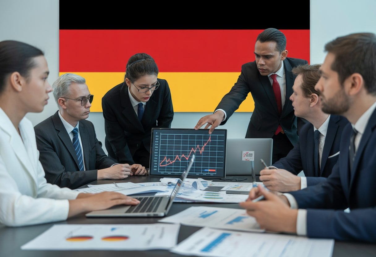 Eine Gruppe von Fachleuten in einem Büro diskutiert besorgt über Finanzdokumente und einen Bildschirm mit steigenden Schuldenzahlen, mit einer deutschen Flagge im Hintergrund.