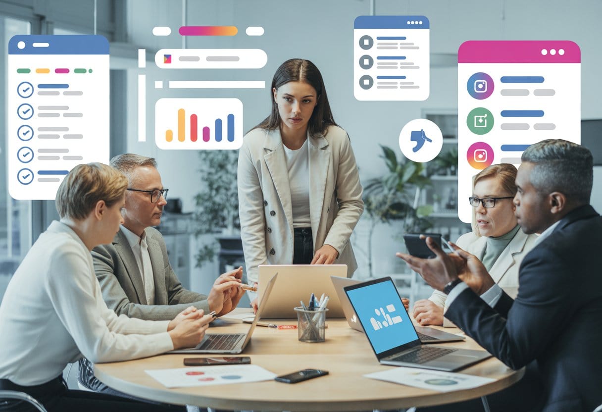 Mehrere Personen sitzen an einem Tisch und diskutieren gemeinsam in einem modernen Büro über digitale Marketingstrategien.