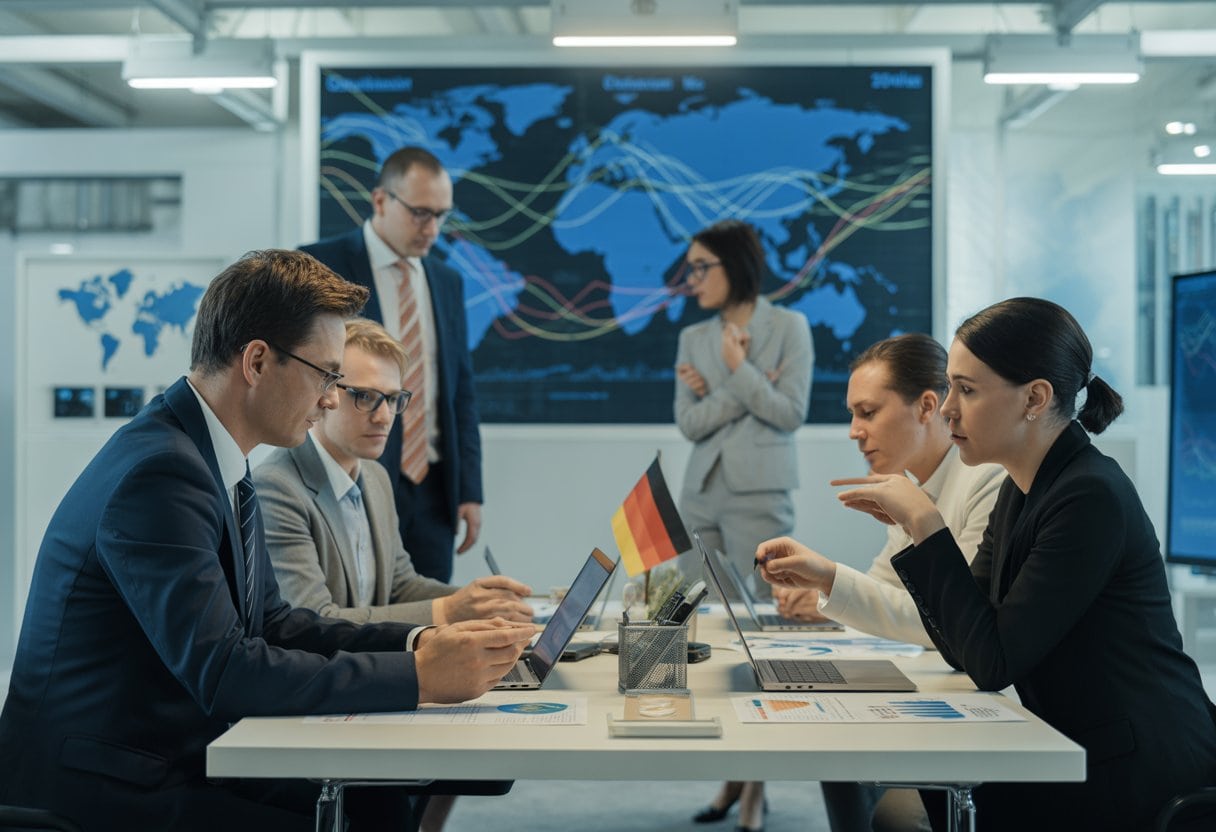 Geschäftsleute diskutieren in einem modernen Büro über Handels- und Wirtschaftsdaten.