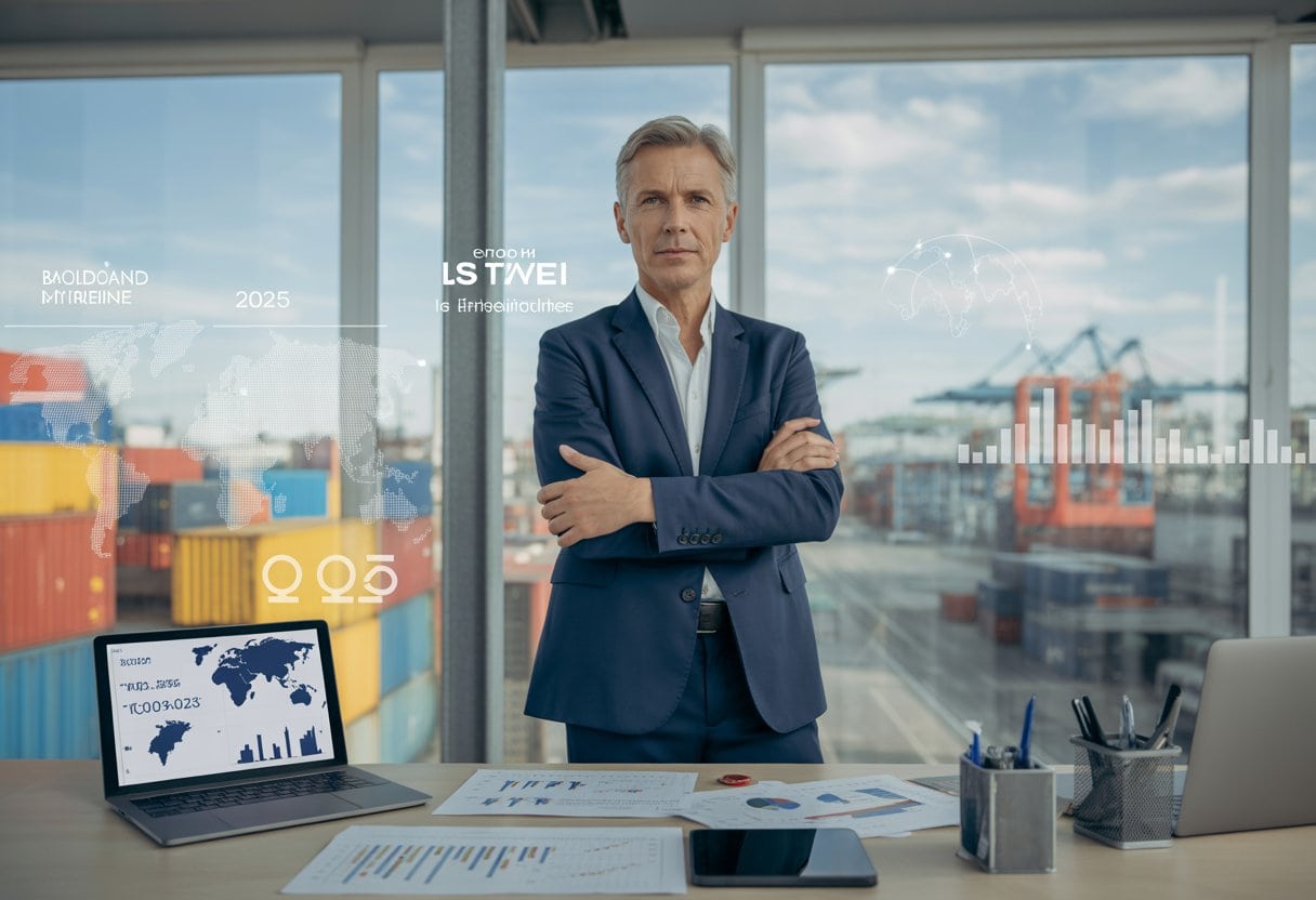 Ein deutscher Geschäftsmann in einem modernen Büro mit Dokumenten und Laptop, im Hintergrund sind Fabriken und ein digitaler Globus mit Handelsrouten zu sehen.