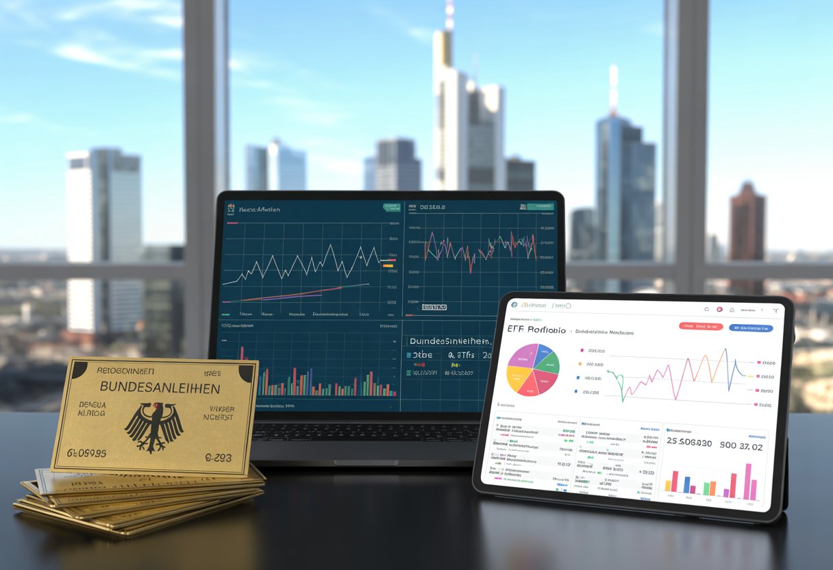 Ein moderner Schreibtisch mit Laptop und Tablet zeigt Finanzdiagramme, daneben liegen deutsche Bundesanleihen. Im Hintergrund ist die Frankfurter Skyline durch ein Fenster zu sehen.