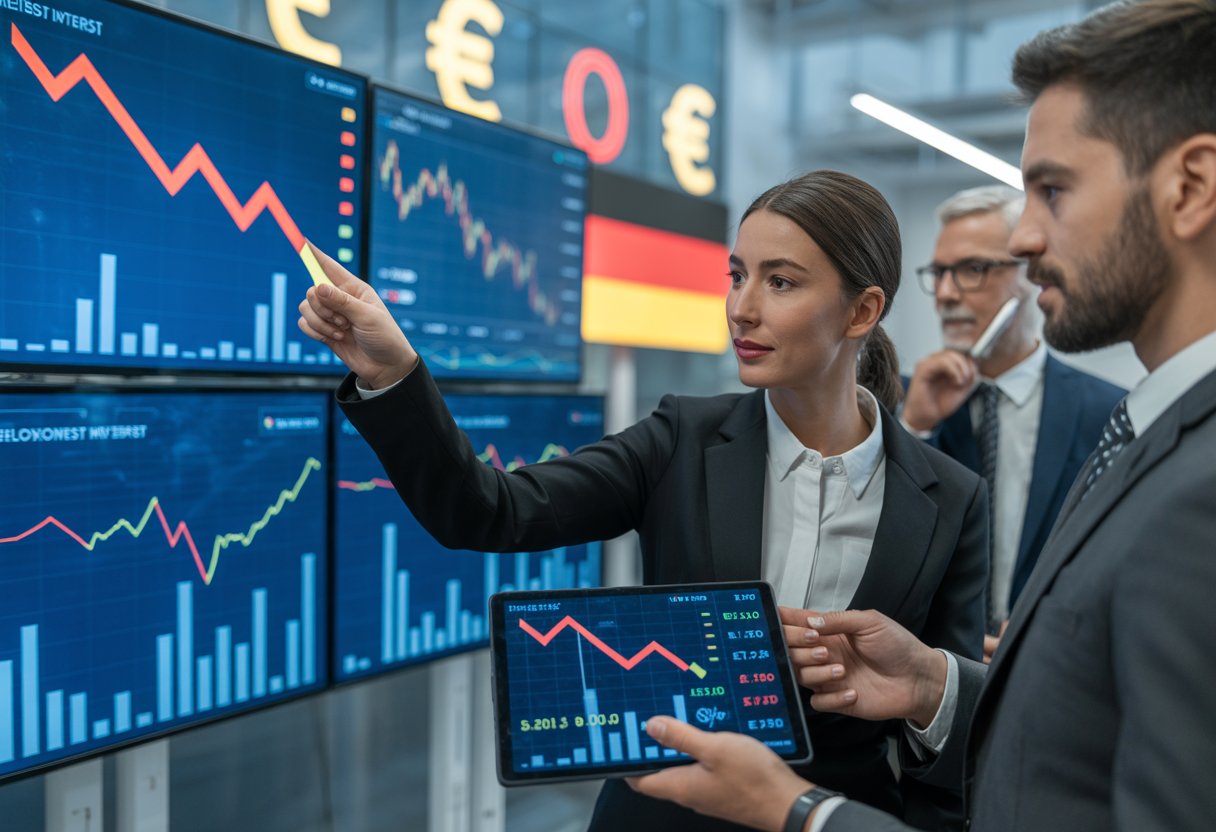 Menschen in einem modernen Büro analysieren Finanzdaten auf Bildschirmen mit Diagrammen zu sinkenden Zinsen und Geldanlagen.