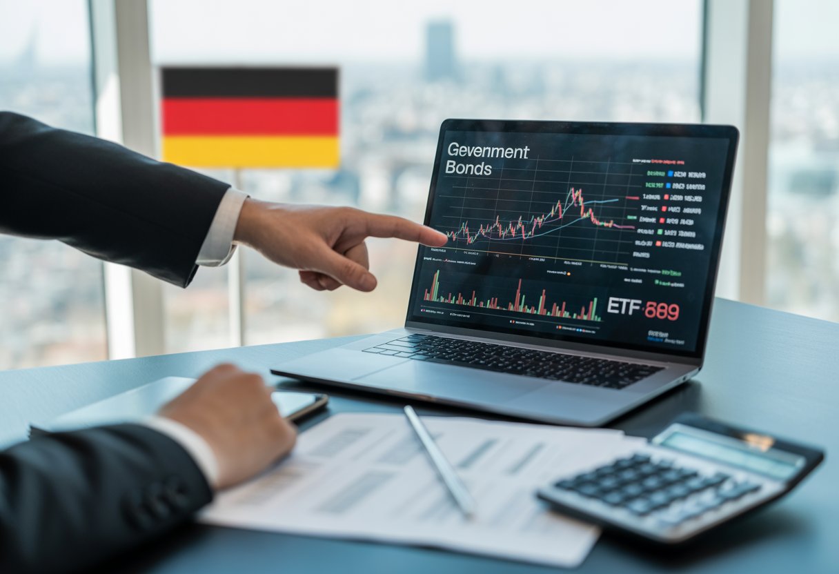 Ein moderner Schreibtisch mit Laptop, Finanzdokumenten und Taschenrechner, auf dem Finanzdiagramme zu sehen sind, im Hintergrund eine verschwommene Stadtsilhouette mit der deutschen Flagge.